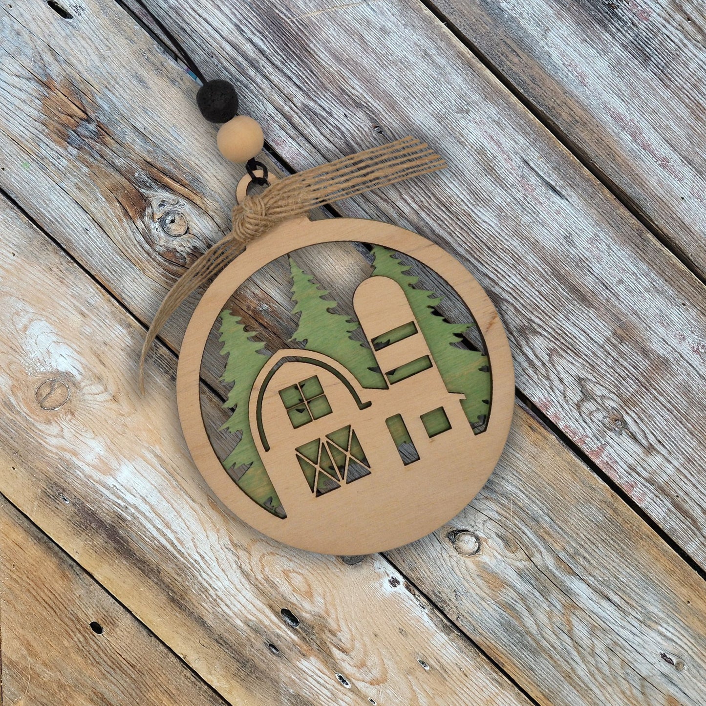Barn & Silo Silhouette with Forest | Bauble | Ornamament