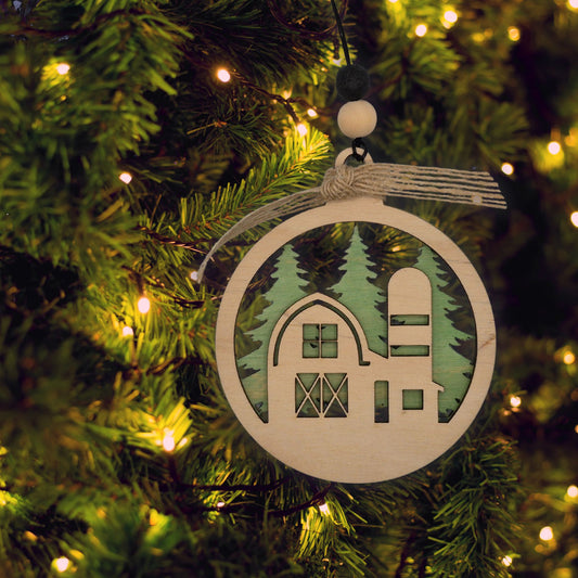 Barn & Silo Silhouette with Forest | Bauble | Ornamament
