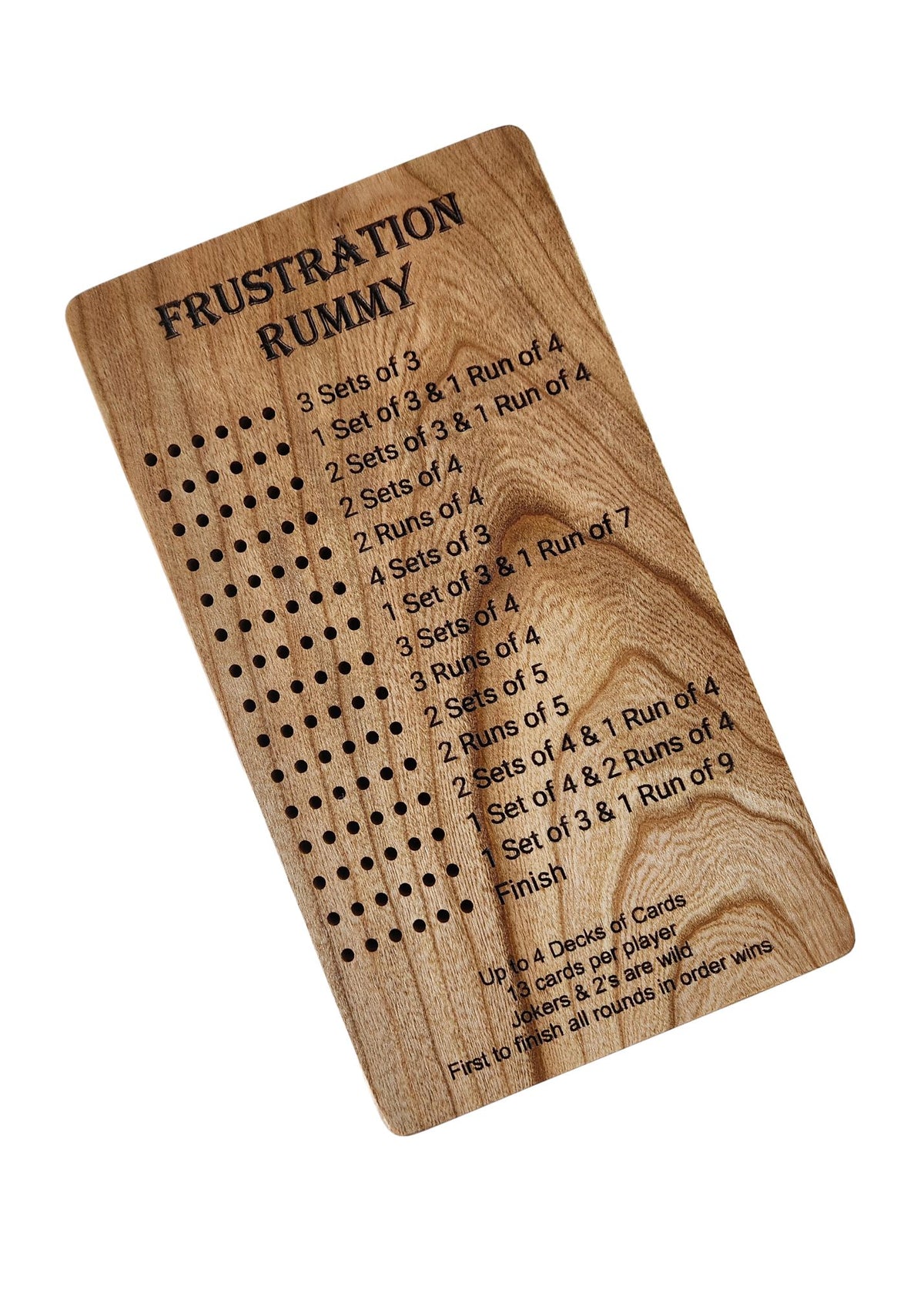 A handcrafted cherry wood Frustration Rummy game board with a laser-engraved design, including rules and scoring information.